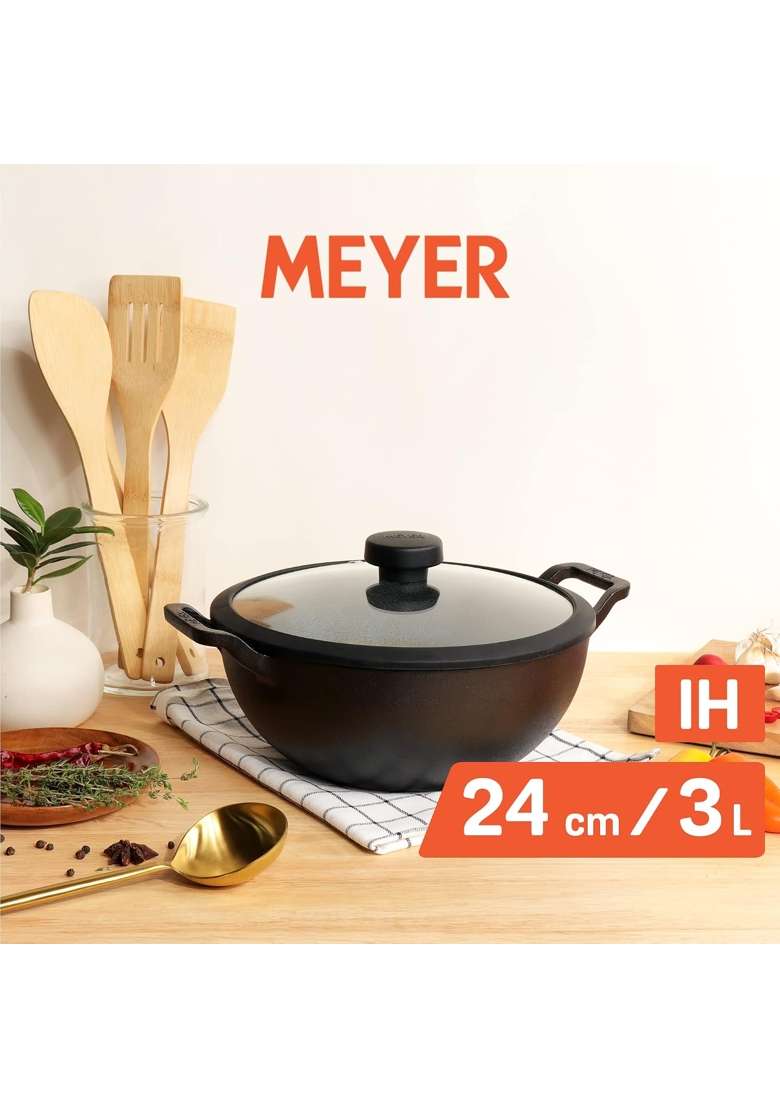 Meyer Pre Seasoned Cast Iron Kadai Wok | 3 L | 3.2 Qt | 24 cm | 9.4 Inch | Induction Compatible | Heavy Bottom | With Lid - Indya