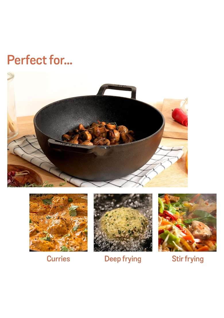 Meyer Pre Seasoned Cast Iron Kadai Wok | 3 L | 3.2 Qt | 24 cm | 9.4 Inch | Induction Compatible | Heavy Bottom | With Lid - Indya