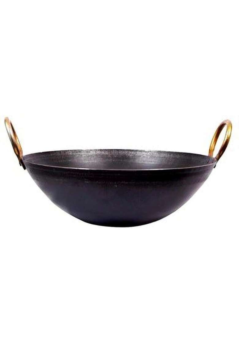 Nutlase Traditional Iron Kadai with Brass Handles | 10 Inch | Pre-Seasoned - Indya
