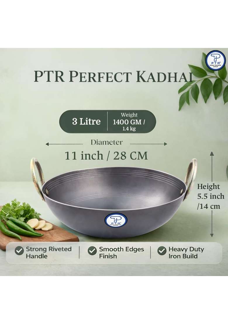 PTR Iron Kadhai | 3 L | 3.2 Qt | 11 Inch | Induction Compatible | Heavy Bottom | Food Safe - Indya