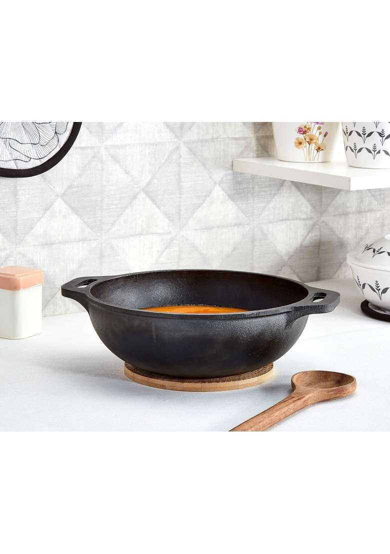 Solimo Amazon Brand Solimo Pre-Seasoned Cast Iron Kadhai Wok | 25 cm | 9.8 Inch - Indya