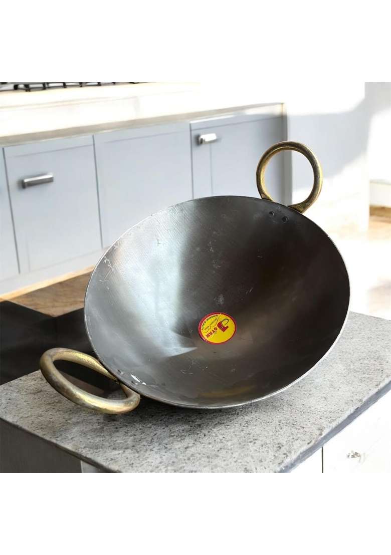 GBW Iron Kadai Strong Handles Loha Lokhand Black Kadhai Cooking on Stovetop Iron | 11 Inch - Indya