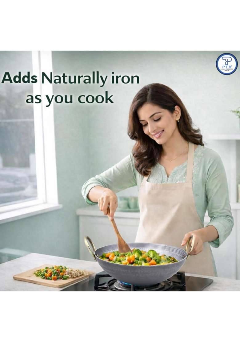 PTR Smooth Edge Iron Kadai Wok Food Grade Hammered Heavy Base Lohe Ki Kadhai Metal | 4.5 L | 4.8 Qt | 12.5 Inch | Induction Compatible - Indya
