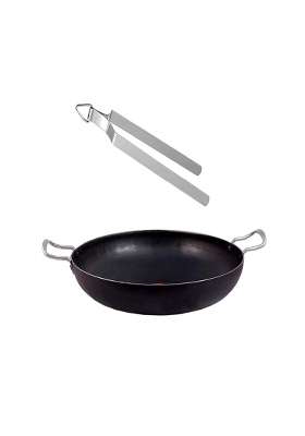 KITCHEN SHOPEE Iron Deep Kadai Wok Frying Cooking Iron Fry Kadhai Pan Heavy Base with Handle | 3 L | 3.2 Qt | 25 cm | 9.8 Inch
