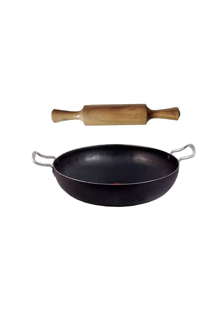 KITCHEN SHOPEE Iron Deep Kadai Wok Frying Cooking Iron Fry Kadhai Pan Heavy Base with Handle | 1.5 L | 1.6 Qt | 20 cm | 7.9 Inch - Indya