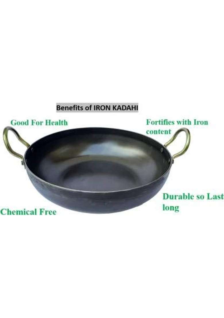 KITCHEN SHOPEE Iron Deep Kadai Wok Frying Cooking Iron Fry Kadhai Pan Heavy Base with Handle | 1.5 L | 1.6 Qt | 20 cm | 7.9 Inch - Indya