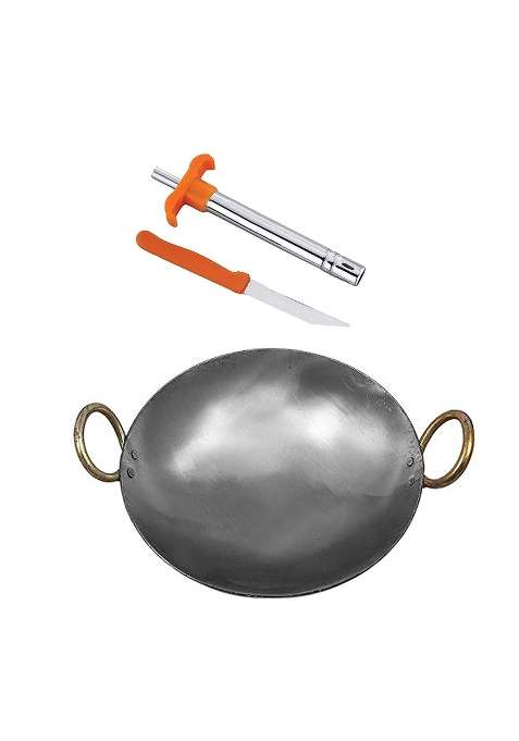 KITCHEN SHOPEE Iron Traditional Deep Kadai Wok Frying Pan Cooking Fry Kadhai Heavy Base | 5 L | 5.3 Qt | 33 cm | 13 Inch