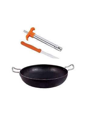 KITCHEN SHOPEE Iron Traditional Deep Kadai Wok Frying Pan Cooking Fry Kadhai Heavy Base | 1.5 L | 1.6 Qt | 20 cm | 7.9 Inch