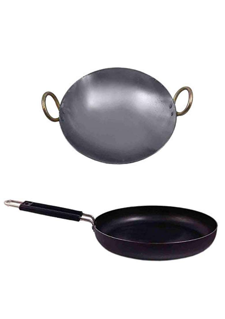 KITCHEN SHOPEE Iron 2pes Cookware Set Combo Kadai Wok Cooking Deep Kadhai Heavy Base Multipurpose | 4.75 L | 5 Qt | 10 Inch - Indya