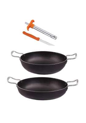 KITCHEN SHOPEE Iron 2 Pes Cookware Set Deep Kadai Wok Frying Pan Cooking Fry Kadhai Heavy Base | 3.5 L | 3.7 Qt | Induction Compatible