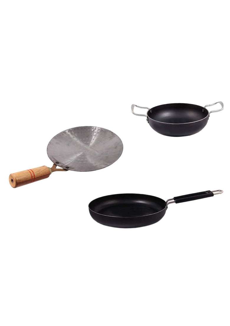 KITCHEN SHOPEE Iron Cookware Set Traditional Iron Kadai Wok Frying Pan for Cooking | 3 L | 3.2 Qt | 8 Inch | Induction Compatible - Indya