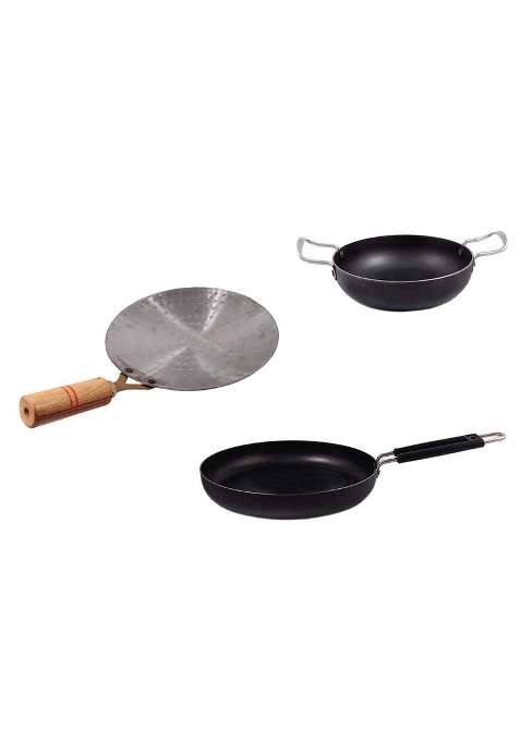 KITCHEN SHOPEE Iron Cookware Set Traditional Iron Kadai Wok Frying Pan for Cooking | 3 L | 3.2 Qt | 8 Inch | Induction Compatible
