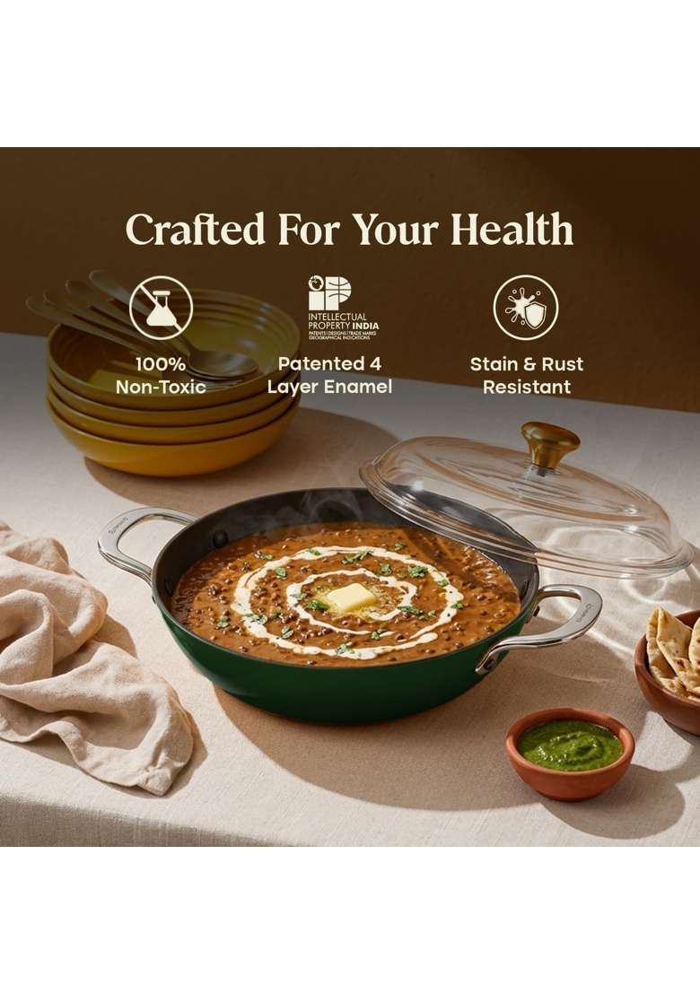 CUMIN CO. Enamel Cast Iron Kadai Wok LITE | 4 L | 4.2 Qt | 28 cm | 11 Inch | Induction Compatible | Heavy Bottom | Non-Toxic - Indya