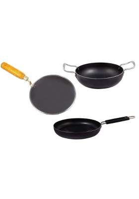 KITCHEN SHOPEE 3 PES Iron Cookware Set Combo Kadai Wok Cooking Deep Iron Multipurpose Use Heavy | 4.5 L | 4.8 Qt | Induction Compatible