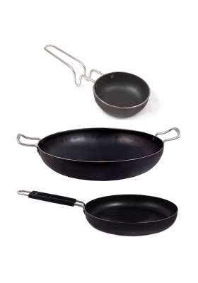 KITCHEN SHOPEE 3pes Iron Cookware Set Combo Kadai Wok Cooking Multipurpose Use Kadhai Heavy Base | 5.5 L | 5.8 Qt | Induction Compatible