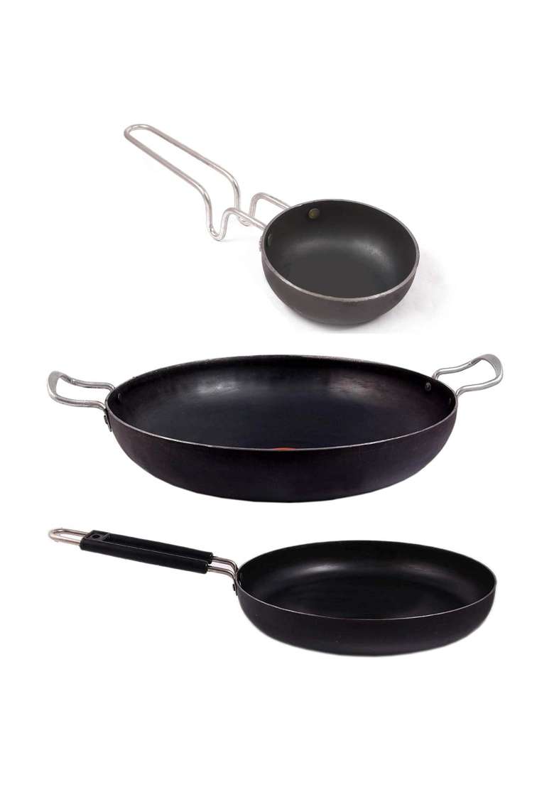 KITCHEN SHOPEE 3pes Iron Cookware Set Combo Kadai Wok Cooking Multipurpose Use Kadhai Heavy Base | 5.5 L | 5.8 Qt | Induction Compatible - Indya