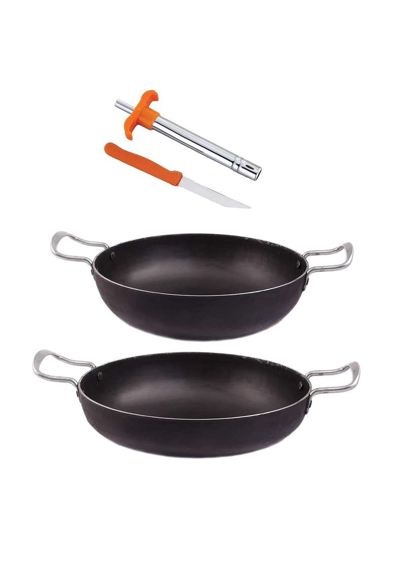 KITCHEN SHOPEE 2 PES Iron Cookware Set Combo Deep Kadai Wok Frying Pan Cooking Fry Kadhai Heavy | 4.5 L | 4.8 Qt | Induction Compatible - Indya