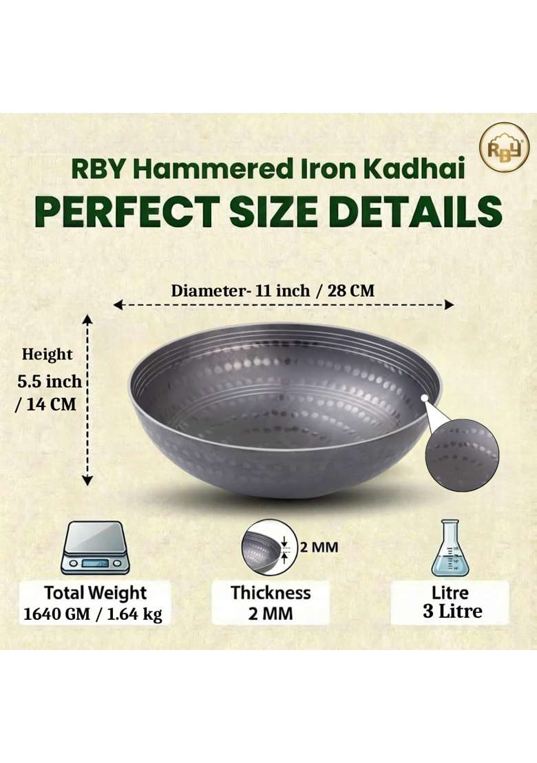 RBY | 3 L | 3.2 Qt | 28 cm | 11 Inch | Induction Compatible | Hammered Finish | Food Safe - Indya
