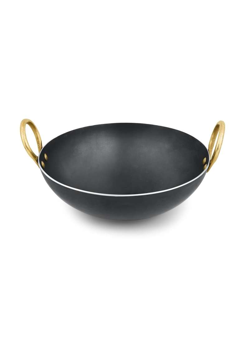 RBY Pure Iron Kadai Heavy Bottom Wok Frying Pan Lohe Ki Kadhai Smooth Edge Riveted | 3 L | 3.2 Qt - Indya