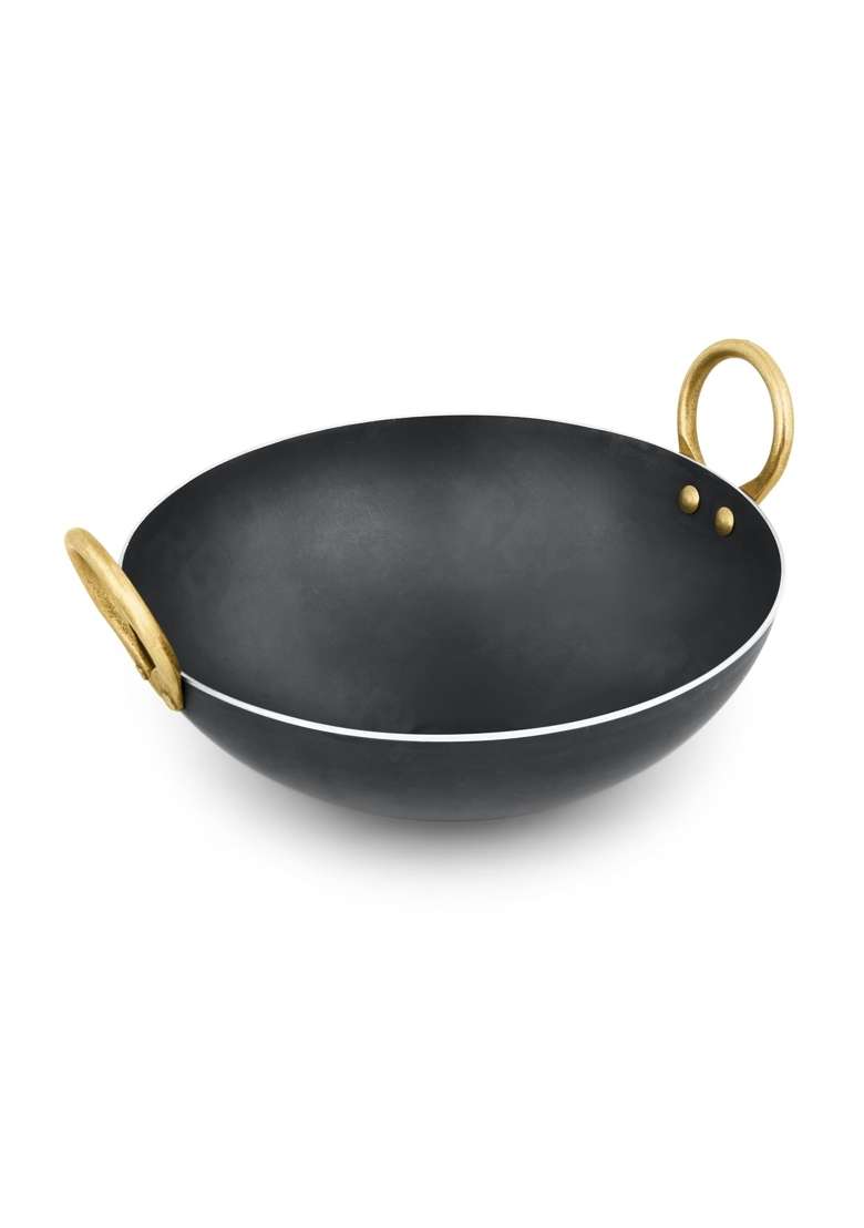 RBY Pure Iron Kadai Heavy Bottom Wok Frying Pan Lohe Ki Kadhai Smooth Edge Riveted | 3 L | 3.2 Qt - Indya