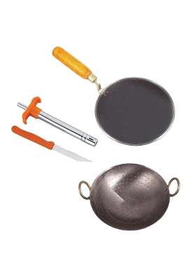 KITCHEN SHOPEE 2pes Iron Cookware Set Combo Deep Kadai Wok Frying Cooking Fry Kadhai Pan Heavy | 2.25 L | 2.4 Qt | Induction Compatible
