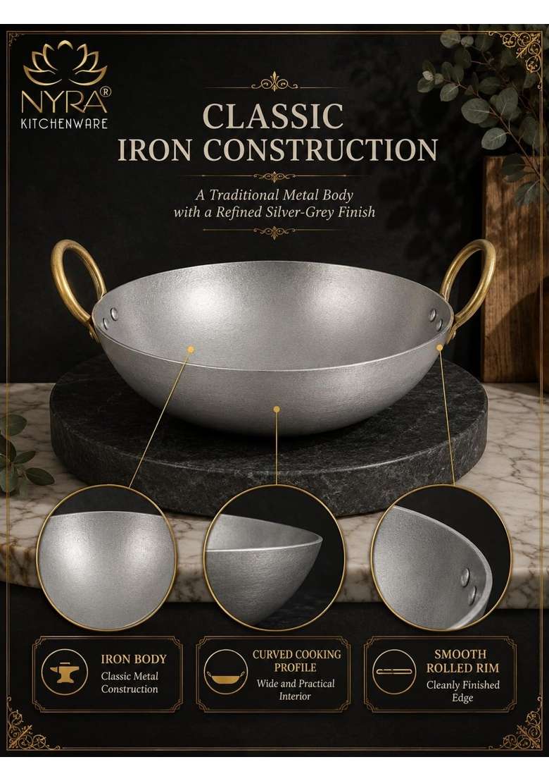 NYRA Pure Original Loha Kadhai Iron Traditional Deep Bottom Wok for Cooking Heavy | 1 L | 1.1 Qt | Heavy Bottom | Handcrafted - Indya
