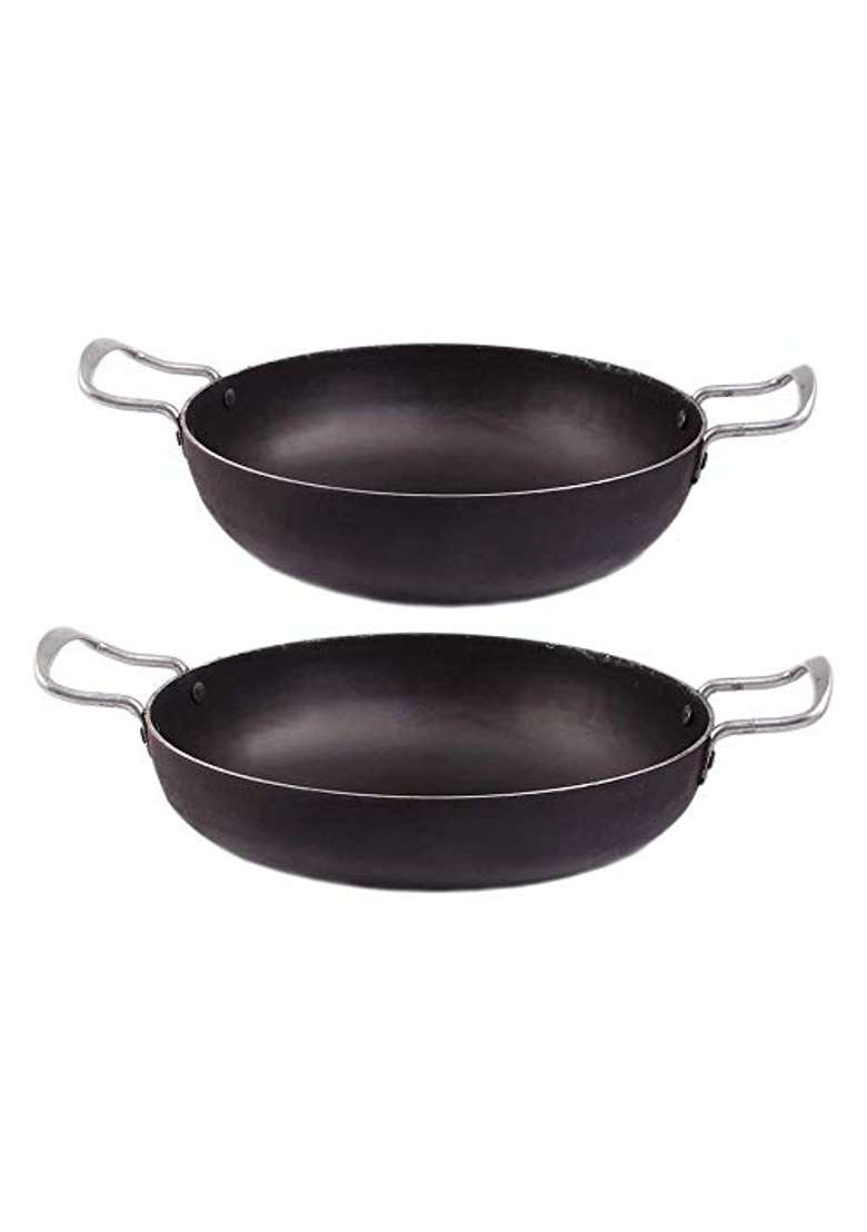 KITCHEN SHOPEE Iron Kadai Wok Cookware Combo 2 PES Set Iron Fry Kadhai Pan Handmade Kitchen Fry | 4.5 L | 4.8 Qt | 10 Inch - Indya