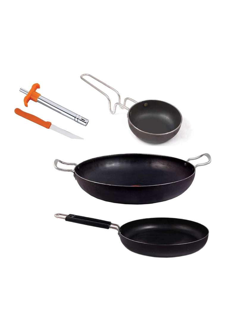 KITCHEN SHOPEE 3pes Iron Cookware Set Combo Kadai Wok Cooking Multipurpose Use Kadhai Heavy Base | 3.5 L | 3.7 Qt | 10 cm | 3.9 Inch - Indya