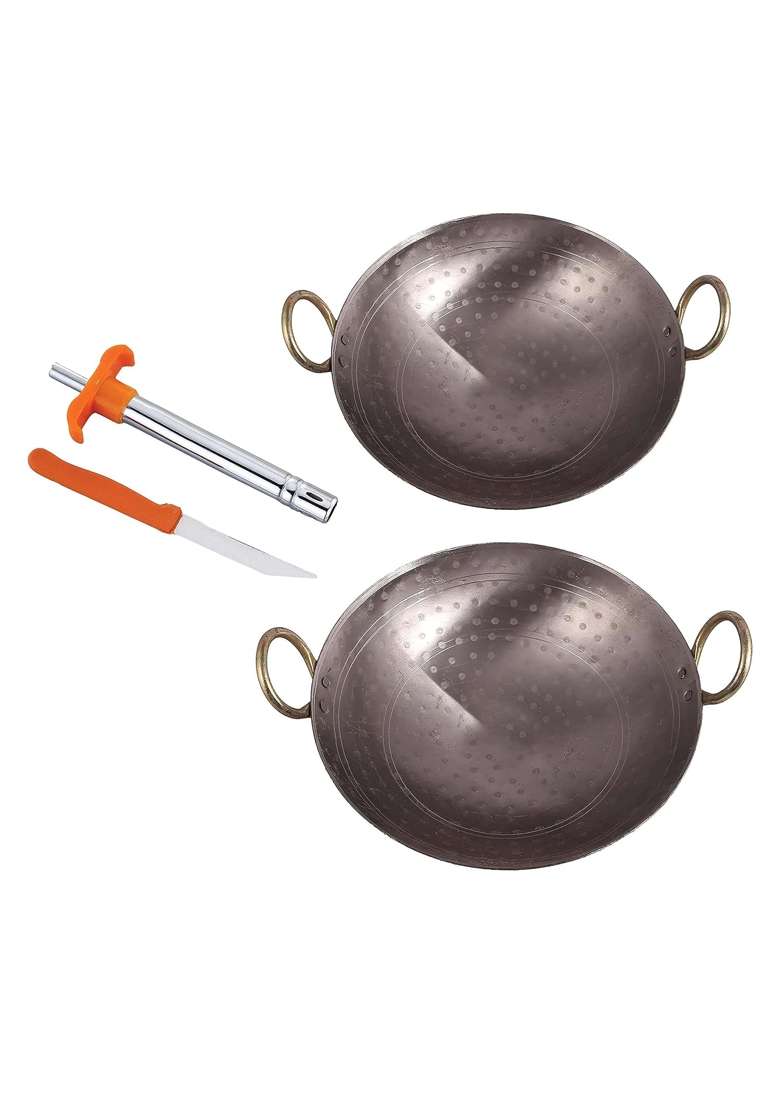KITCHEN SHOPEE 2 PES Iron Cookware Set Combo Matthar Deep Kadai Wok Frying Pan Cooking Kadhai | 6 L | 6.3 Qt | Induction Compatible - Indya