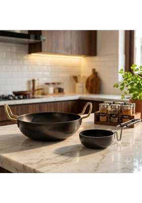 DOZY Iron Kadhai Wok and Tadka Pan Combo | 2-Piece Set