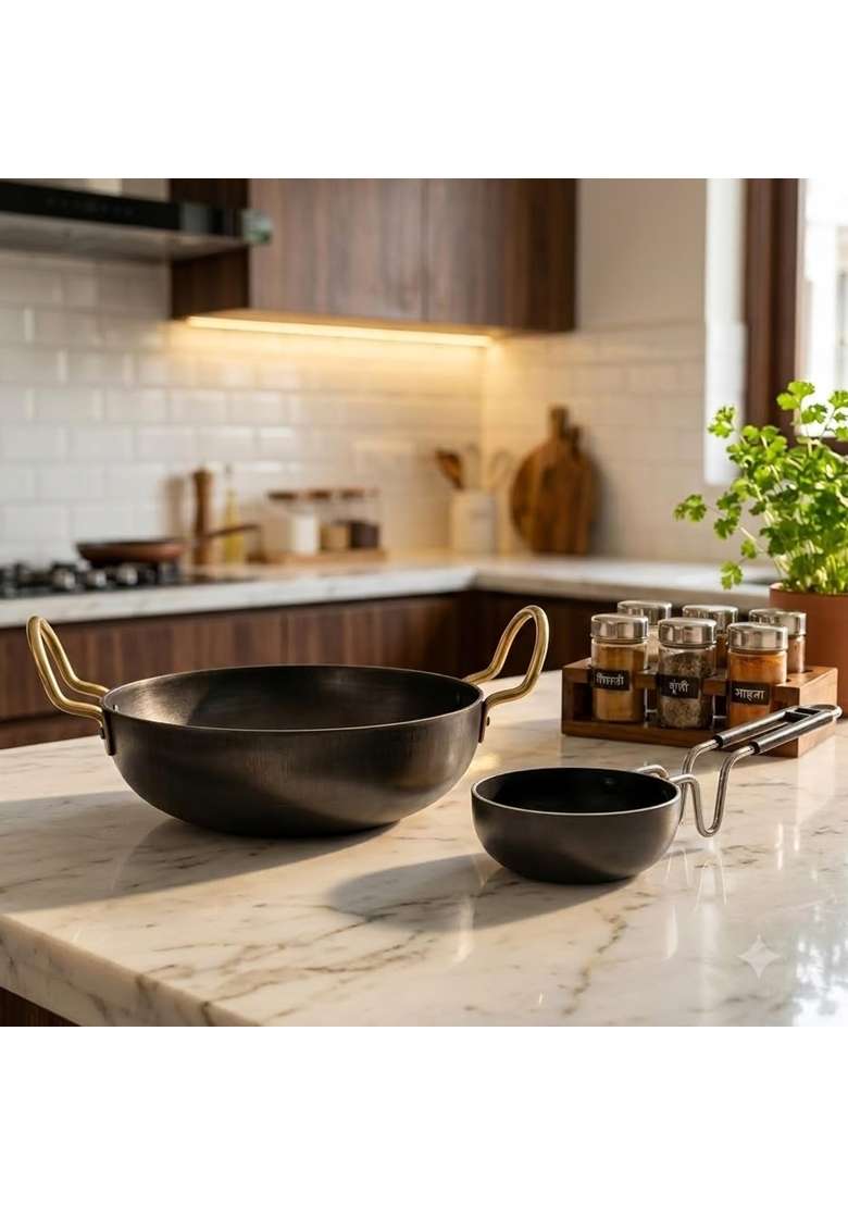 DOZY Iron Kadhai Wok and Tadka Pan Combo | 2-Piece Set - Indya