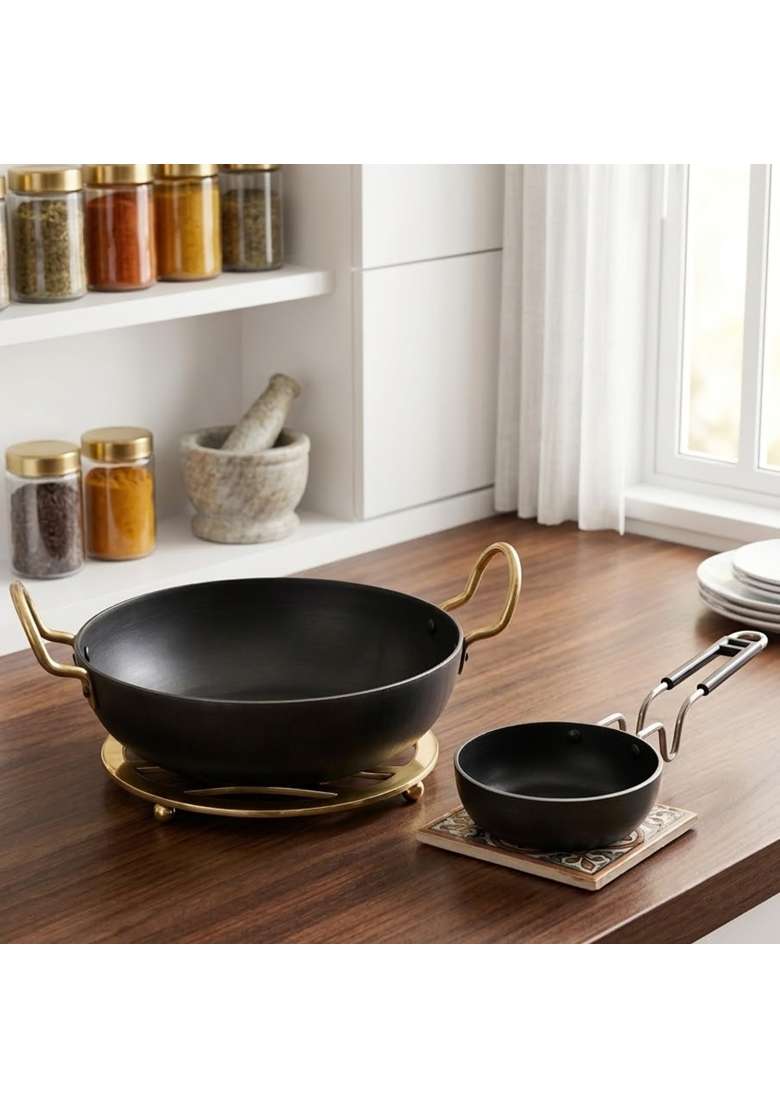 DOZY Pre-Seasoned Iron Kadhai Wok and Tadka Pan - Indya