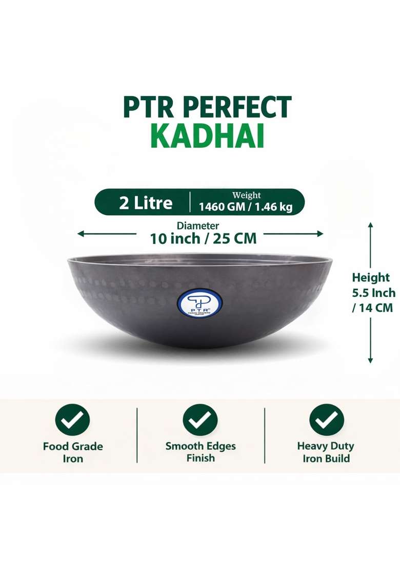 PTR Hammered Iron Kadhai Wok Original Lohe Ki Kadai Handle-Free Deep Frying Pan | 2 L | 2.1 Qt | 10 Inch | Induction Compatible - Indya