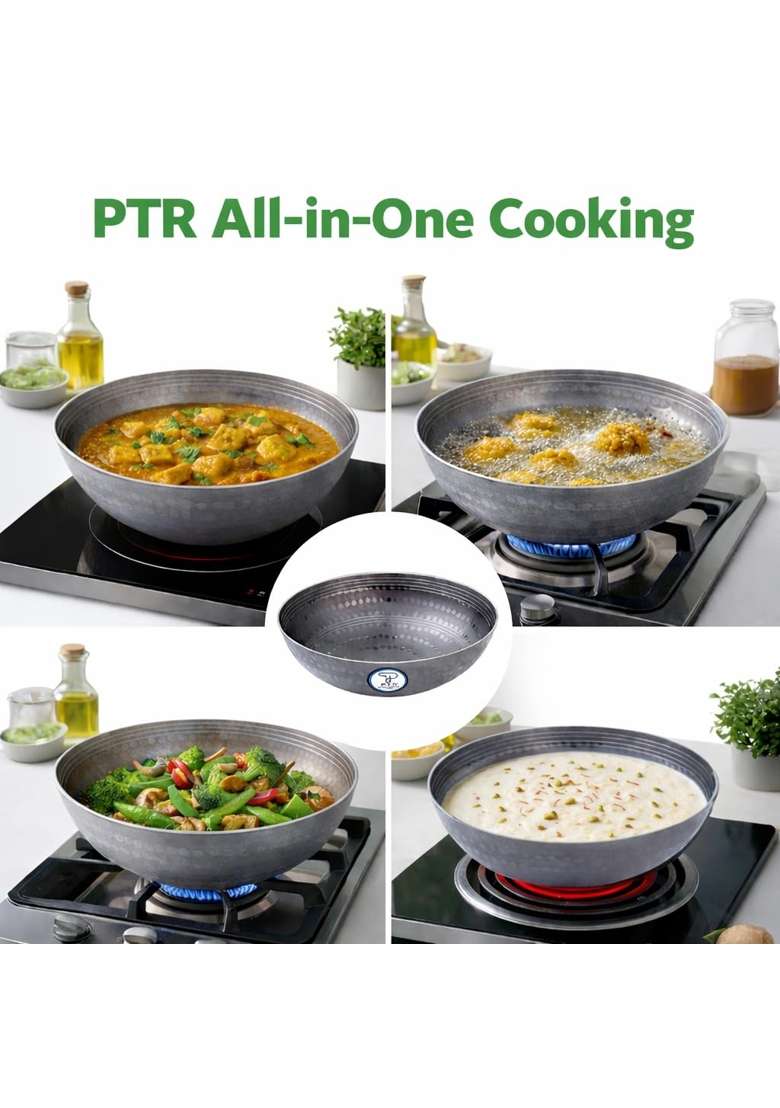 PTR Hammered Iron Kadhai Wok Original Lohe Ki Kadai Handle-Free Deep Frying Pan | 2 L | 2.1 Qt | 10 Inch | Induction Compatible - Indya