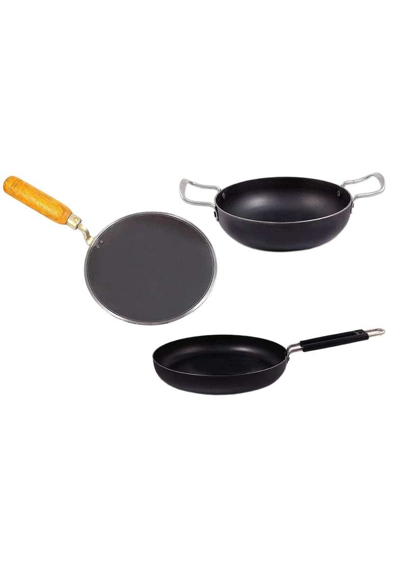KITCHEN SHOPEE Iron Cookware Set 3 Pes Combo Kadai Wok Frying Cooking Fry Kadhai Deep Heavy Base | 4.5 L | 4.8 Qt | 9 Inch - Indya