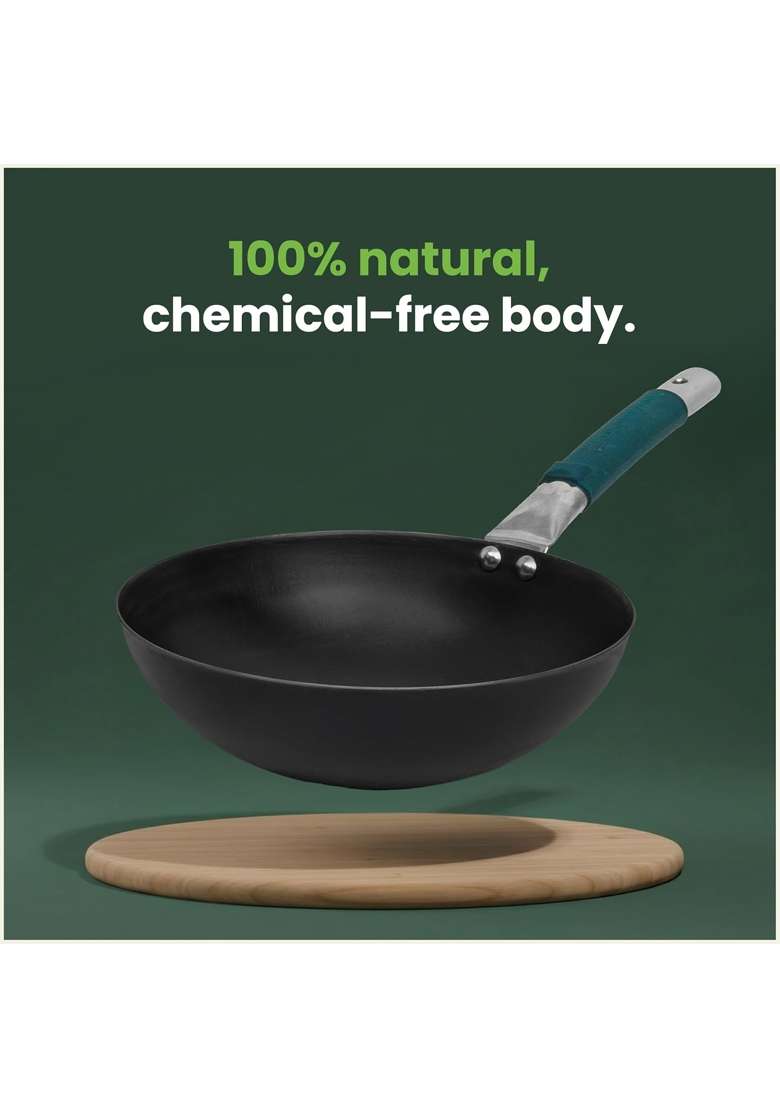 The Indus Valley Pure Iron Wok with Silicone Grip | 3.5 L | 3.7 Qt | 30.8 cm | 12.1 Inch | Non-Toxic | Pre-Seasoned - Indya