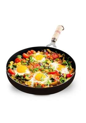 The Indus Valley Pre-Seasoned Iron Fry Pan with Wooden Handle | 1.5 L | 1.6 Qt | 24.7 cm | 9.7 Inch | Induction Compatible | Non-Toxic