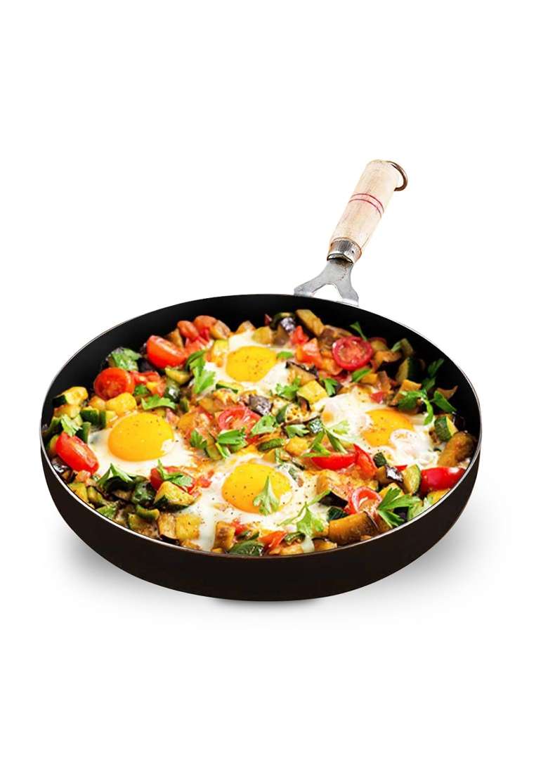 The Indus Valley Pre-Seasoned Iron Fry Pan with Wooden Handle | 1.5 L | 1.6 Qt | 24.7 cm | 9.7 Inch | Induction Compatible | Non-Toxic - Indya