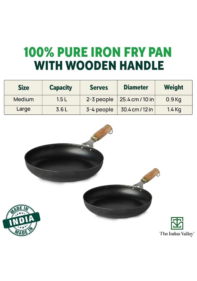 The Indus Valley Pre-Seasoned Iron Fry Pan with Wooden Handle | 1.5 L | 1.6 Qt | 24.7 cm | 9.7 Inch | Induction Compatible | Non-Toxic - Indya