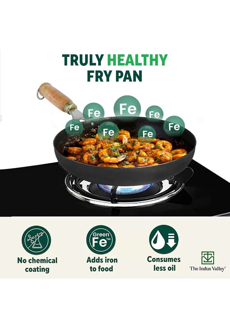 The Indus Valley Pre-Seasoned Iron Fry Pan with Wooden Handle | 1.5 L | 1.6 Qt | 24.7 cm | 9.7 Inch | Induction Compatible | Non-Toxic - Indya
