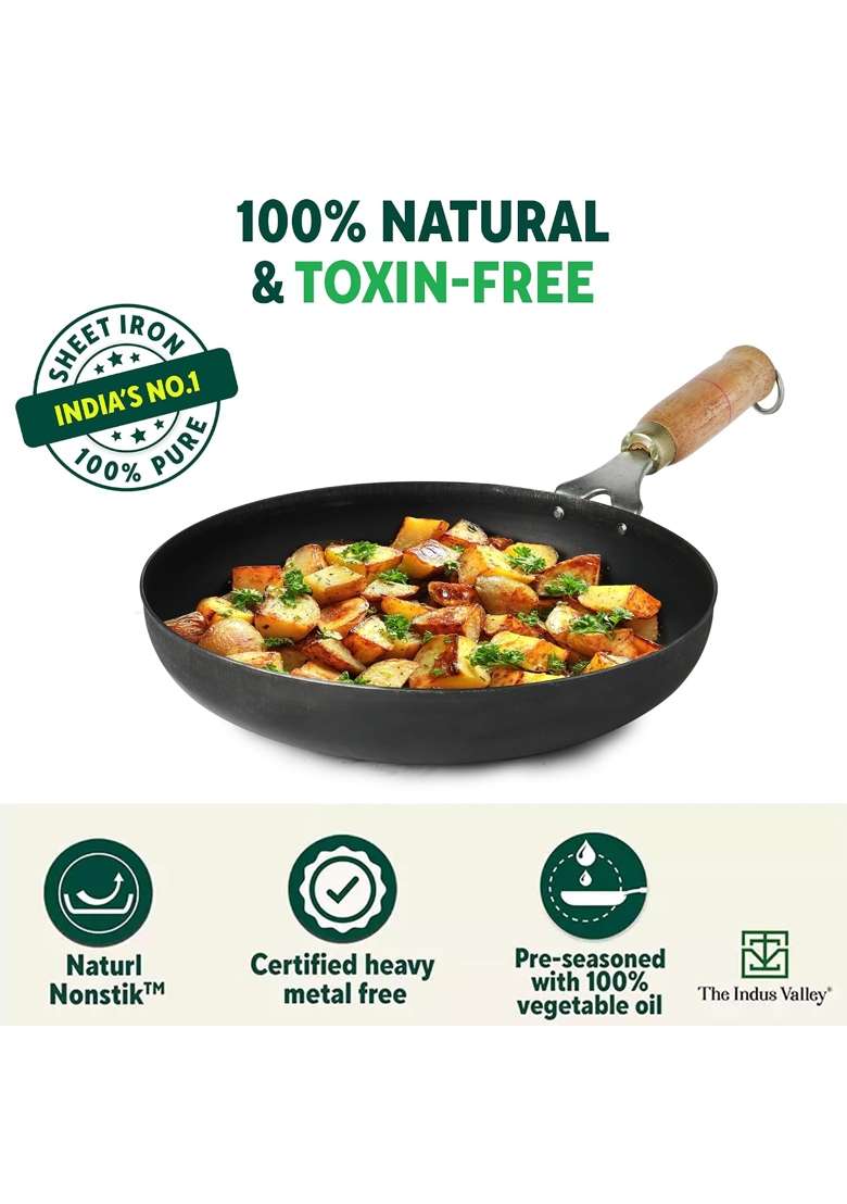 The Indus Valley Pre-Seasoned Iron Fry Pan with Wooden Handle | 1.5 L | 1.6 Qt | 24.7 cm | 9.7 Inch | Induction Compatible | Non-Toxic - Indya