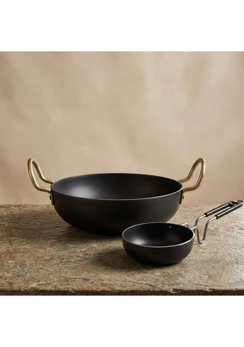 DOZY Iron Kadhai Wok and Tadka Pan Combo - Indya