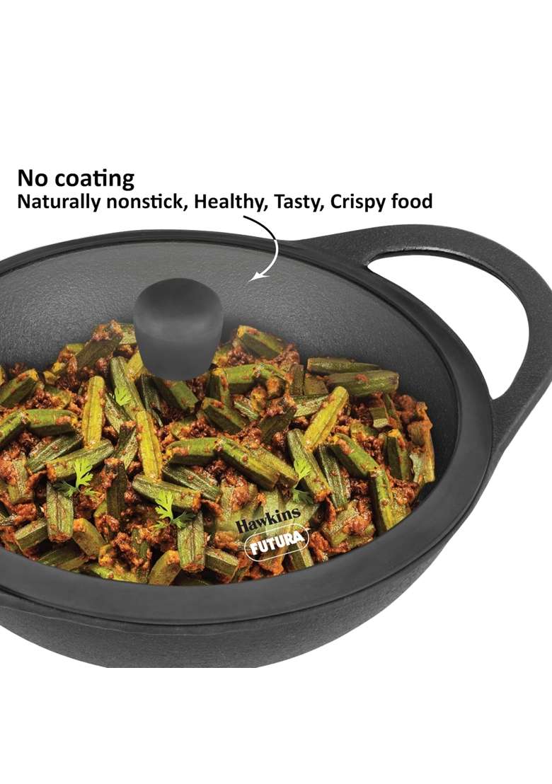 Hawkins Futura Cast Iron Kadhai Wok | 3.5 L | 3.7 Qt | Non-Stick | With Lid - Indya