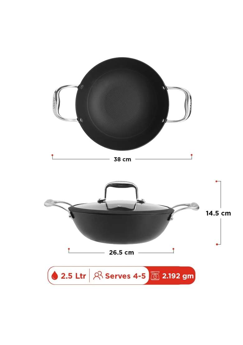 Vinod Ferona Lightweight Cast Iron Kadai Wok | 2.5 L | 2.6 Qt | 26 cm | 10.2 Inch | PFOA Free | Rust Resistant - Indya
