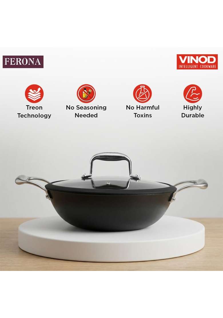Vinod Ferona Lightweight Cast Iron Kadai Wok | 2.5 L | 2.6 Qt | 26 cm | 10.2 Inch | PFOA Free | Rust Resistant - Indya