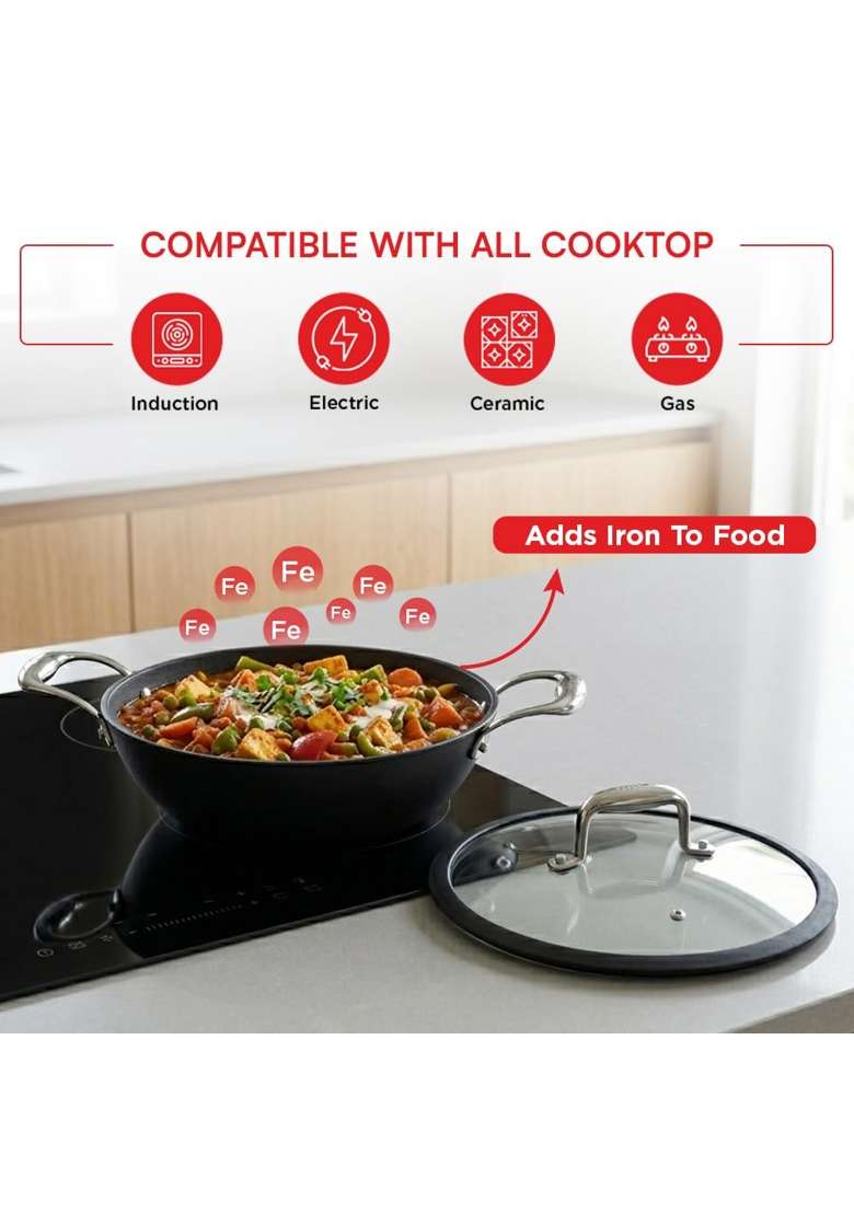 Vinod Ferona Lightweight Cast Iron Kadai Wok | 2.5 L | 2.6 Qt | 26 cm | 10.2 Inch | PFOA Free | Rust Resistant - Indya
