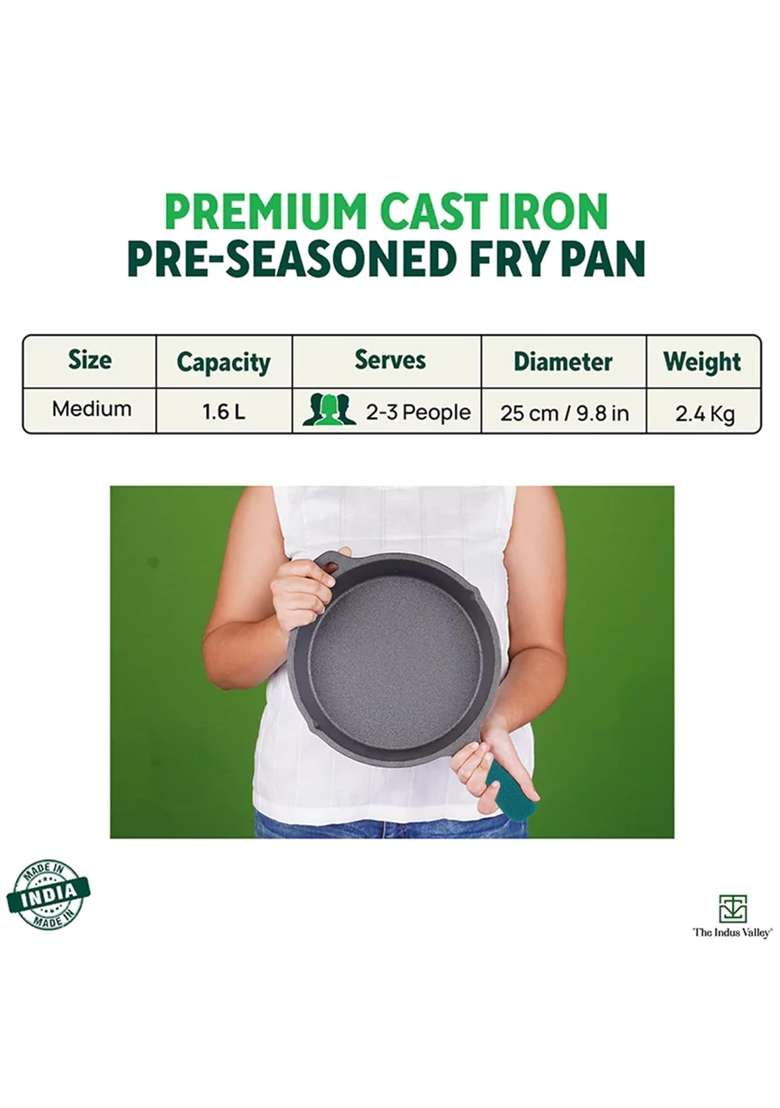 The Indus Valley Pre-Seasoned Cast Iron Skillet | 1.6 L | 1.7 Qt | 25 cm | 9.8 Inch | Induction Compatible - Indya