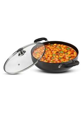 AGARO Elite Hard Anodised Kadhai Wok with Glass Lid | 2.5 L | 2.6 Qt | 24 cm | 9.4 Inch