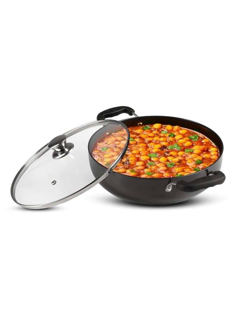 AGARO Elite Hard Anodised Kadhai Wok with Glass Lid | 2.5 L | 2.6 Qt | 24 cm | 9.4 Inch - Indya