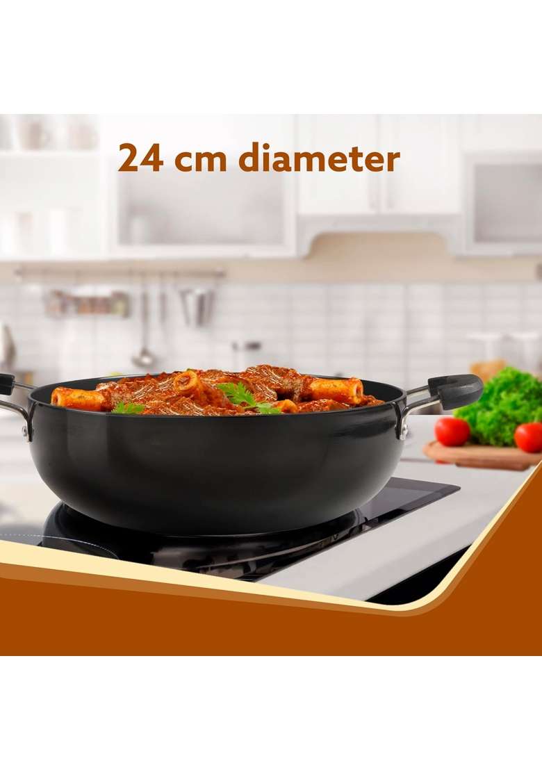 AGARO Elite Hard Anodised Kadhai Wok with Glass Lid | 2.5 L | 2.6 Qt | 24 cm | 9.4 Inch - Indya